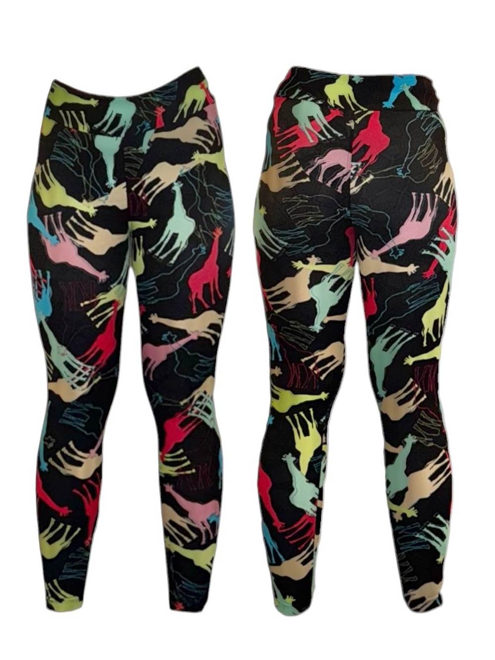 LuLaRoe Black Leggings with Multicolor Giraffe Silhouettes